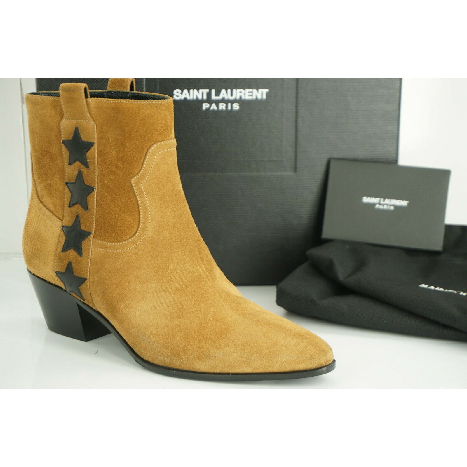 Stivaletti Saint Laurent marroni scamosciati tacco rock star taglia 36 5 nuovi con scatola YSL $995 Yves