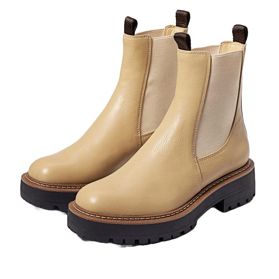 Sam Edelman Laguna Sesame Leather Chelsea Moto Round Toe Pull On Ankle Wide Boot