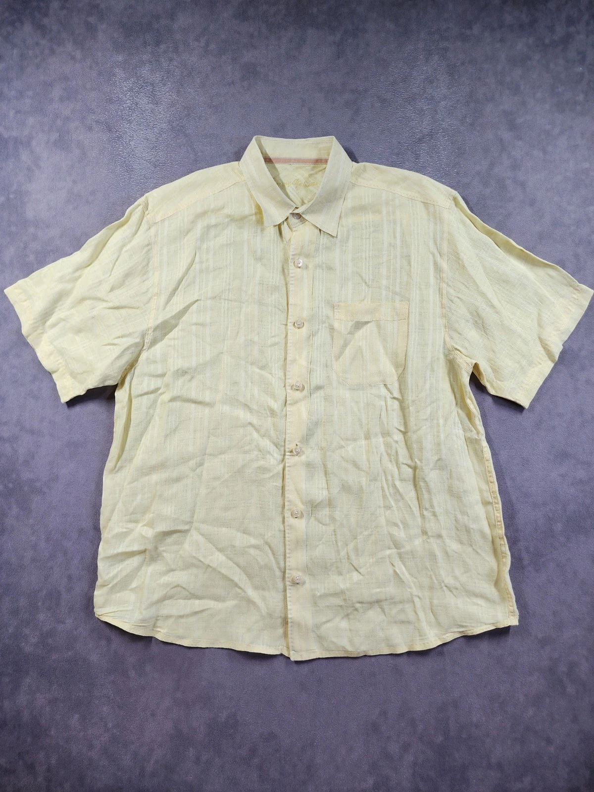 Tommy Bahama Shirt Men's Large Yellow Plaid 100% Linen Short Sleeve Coastal Core