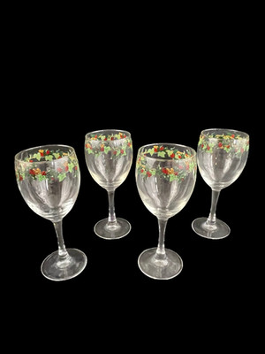 Set of 4 Hand Painted Grape Cluster Crystal Wine Glasses 7.25'' Tall