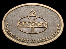 PA02102 NICE 1980s  AMOCO  FLAMING TORCH LOGO SOLID BRASS OILFIELD BUCKLE