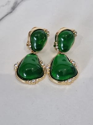 Kenneth Jay Lane Signed Emarald Green Coloured Cabochon Dangle Clip On Earrings - Image 1 of 4