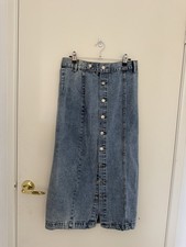 Shein Curve Women's 0XL Midi Denim Skirt Blue A-Line Button Front
