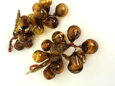 Pair of Vintage Amber Blown Glass Bunches of Grapes with Leaves