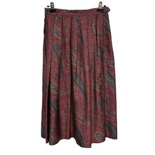 Vintage Silk Pleated Maxi Skirt 28 Waist Pockets Paisley Maroon