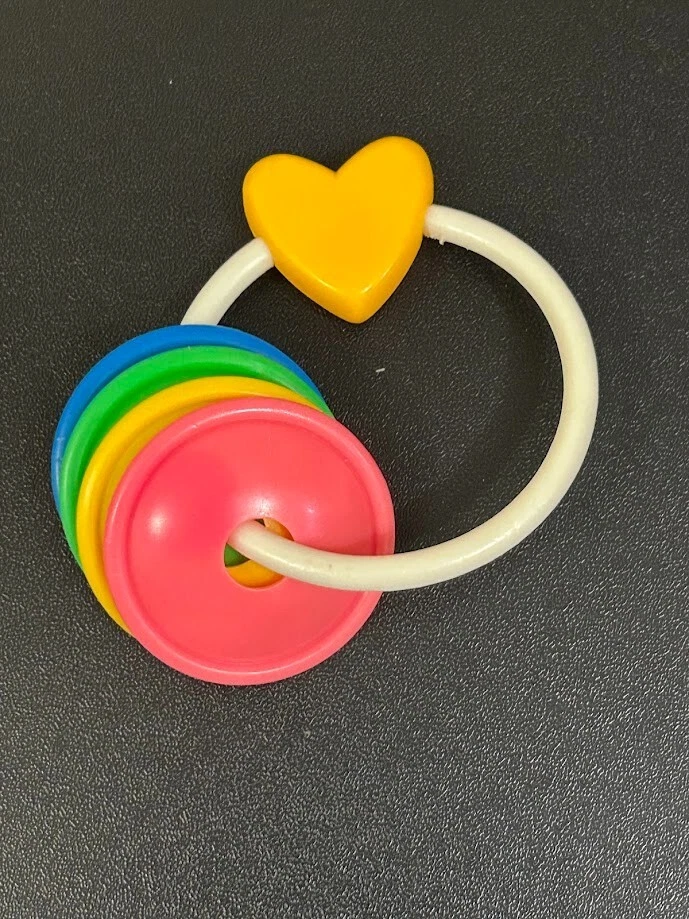 VTG Baby Hand Rattle Rainbow Heart Carebear Nursery Hard Plastic - Image 2 of 4