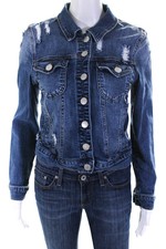 Ashley Mason Women's Collar Long Sleeves Distress Medium Wash Denim Jacket S