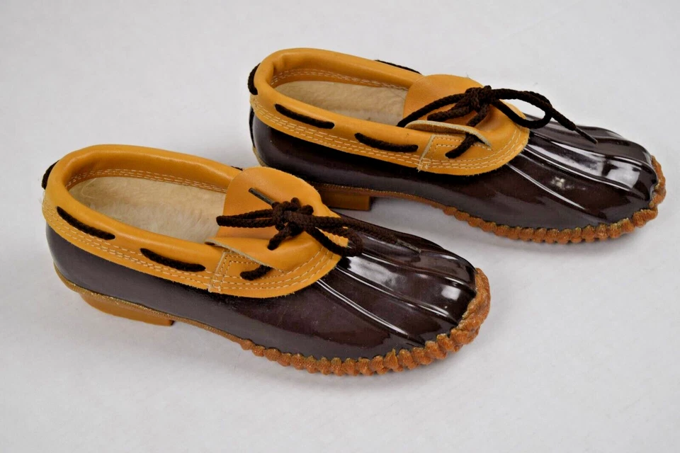 Zapatos de pato de cuero de goma de colección 8W años 70 marrón brillante suelas pesadas forro de mezcla de lana Foto 2 de 4