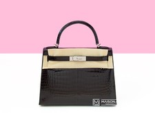 NEW HERMES NOIR BLACK KELLY 28 BAG PALLADIUM SHINY POROSUS CROCODILE HANDBAG