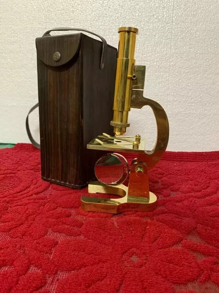 Antique Vintage Solid Brass Microscope Student Microscope Shiny Brass With Box - Image 3 of 4