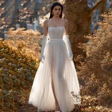 Boho A-Line Wedding Dresses Spaghetti Straps Backless Sweep Train Bridal Gowns