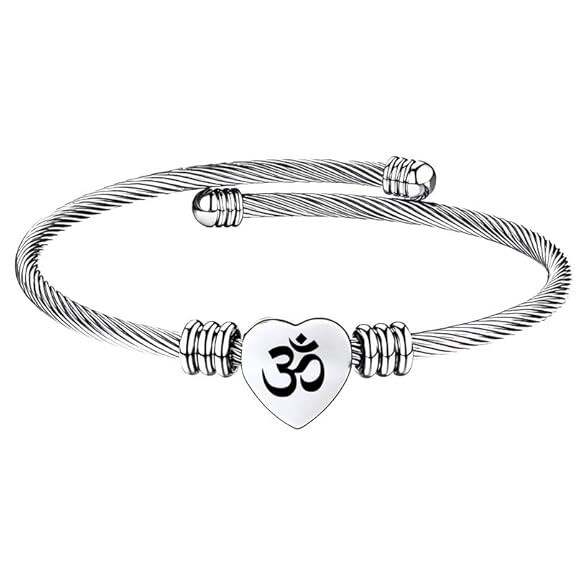Stainless Steel Heart Om Bracelet Engraved Charm Bracelet for Women Silver