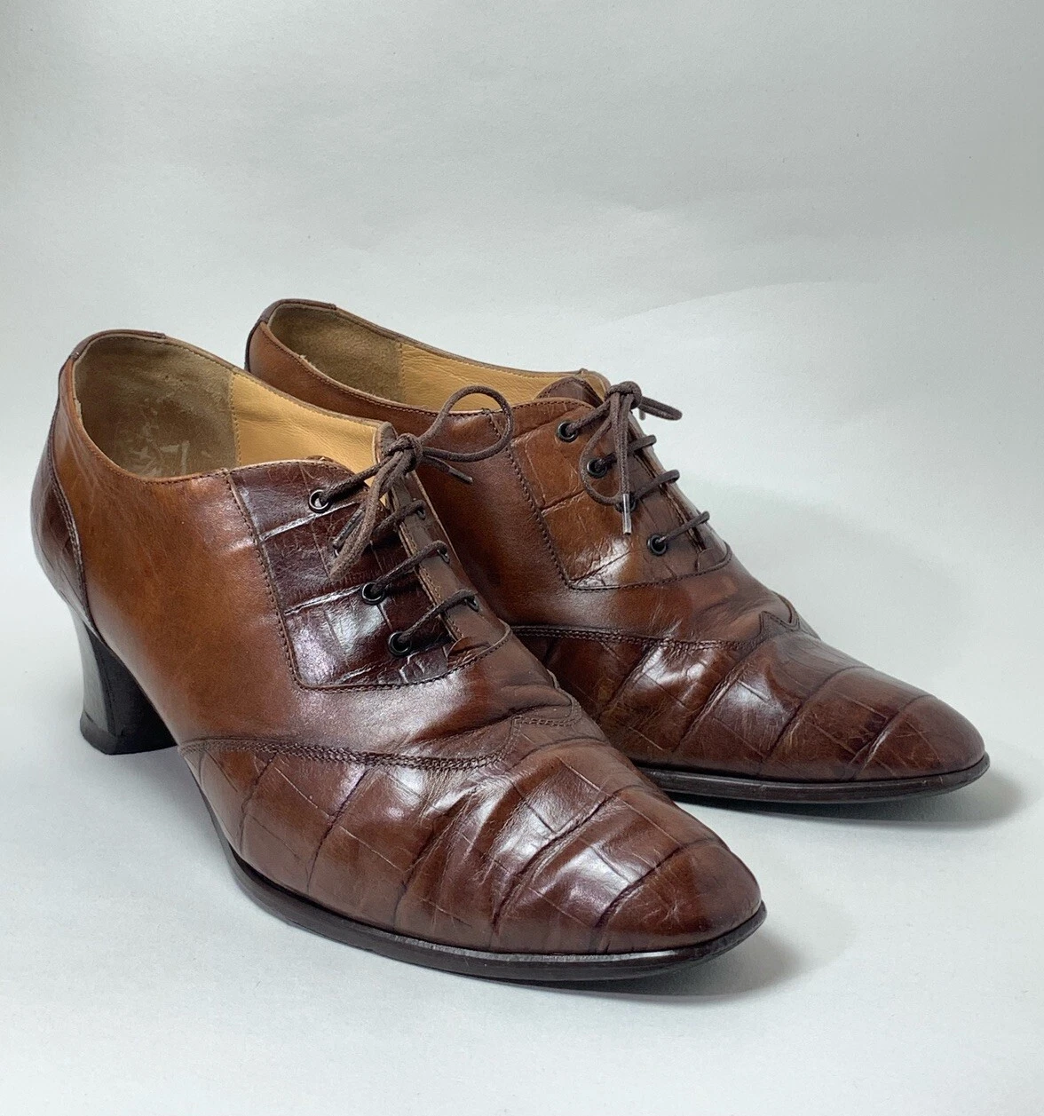 Scarpa Oxford stringata Clarks marrone pelle e mocassino pelle di coccodrillo tacco 2" UK 6C