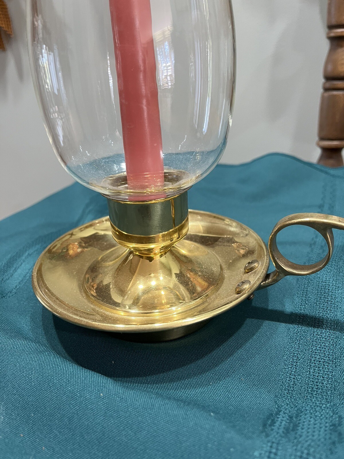VINTAGE BRASS FINGER LOOP CANDLE HOLDER WITH HURRICANE GLASS GLOBE AND