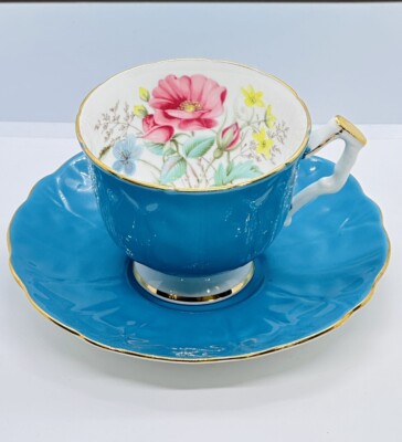 Aynsley Teal Aqua Cup And Saucer with Pink Yellow Flowers And Gold Trim Mint