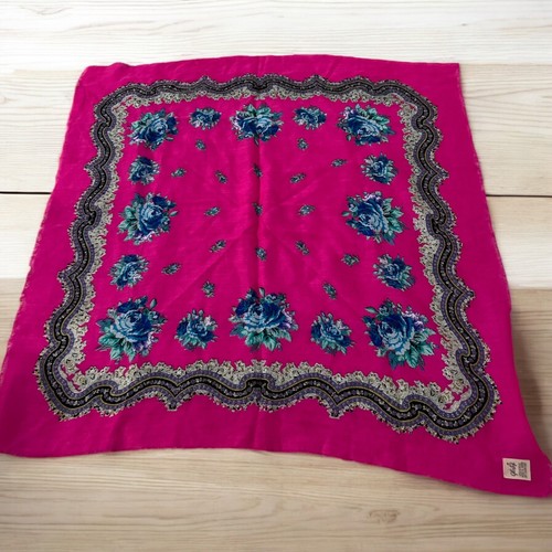 Vintage Glentex Spanish Scarf Floral Blue Roses Fuchsia Pink Made in Japan