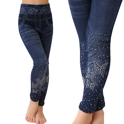 Leggings Hose Jeggings Mädchen Schmetterling Strass Washed Punkte Treggings