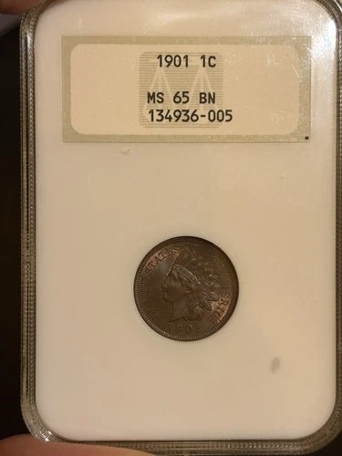 1901 Indian Head Cent In an Old NGC Fatty Gold Embossed Back 3.0 MS65 Bn