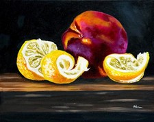 Peach and lemon oil painting On Canvas Panel realistic Fruit StillLife fineart