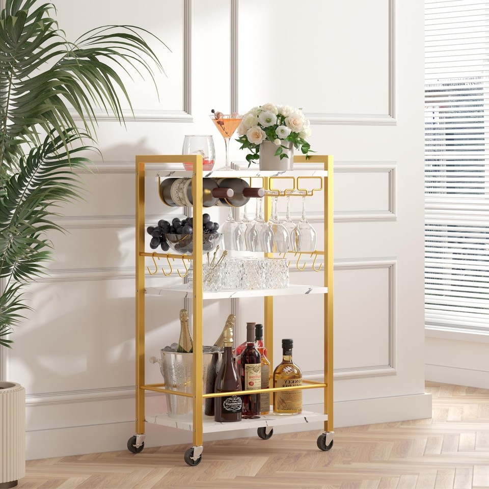 Rolling Picture Add Rolling Bar Cart with Wheels, Mini Drink Trolley, Wine Rack & Glass ...