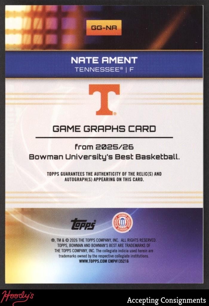 2025-26 Bowman's Best Uni Game Graphs Nate Ament ROOKIE GAME USED JERSEY AUTO view 2