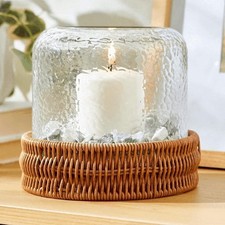 Clear Hammered Glass Hurricane Candle Holder Woven Base Rustic Decoration New