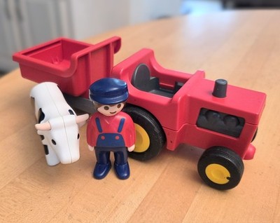 Playmobil 1.2.3 Animal Farm Add On Farmer Tactor Trailer Cow Country Life