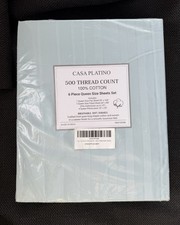 Casa Platino Queen Sheet Set 500TC 100 Cotton 6pc Blue Sky Damask Stripe NEW