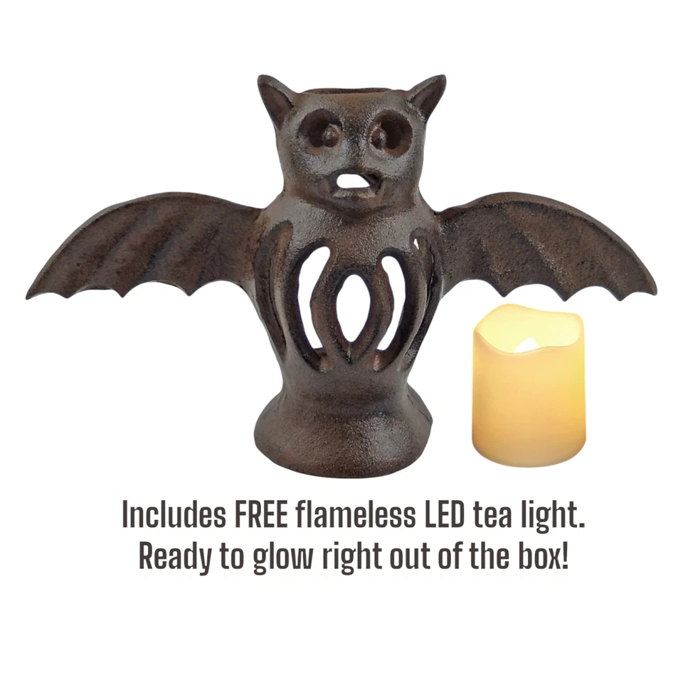 Castiçal de taco de ferro fundido rústico – Decoração de casa de Halloween 10" com vela LED grátis - Imagem 2 de 4