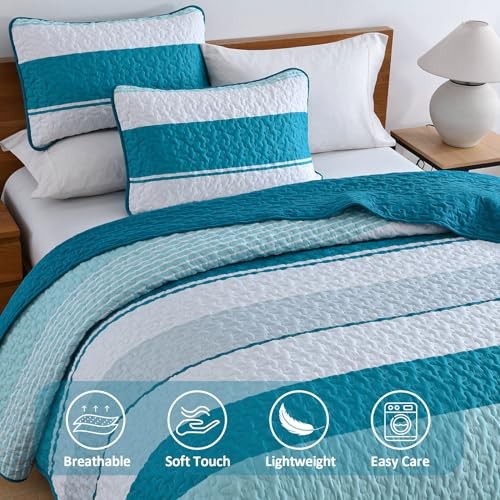 Boho Quilt Set,Blue Striped Bedspread Size Lightweight Farmhouse Queen Teal - Picture 4 of 7