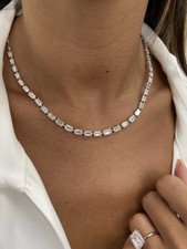 14K White Gold Tennis Necklace 10.7ct Emerald Cut Lab-Created Diamond F/VS