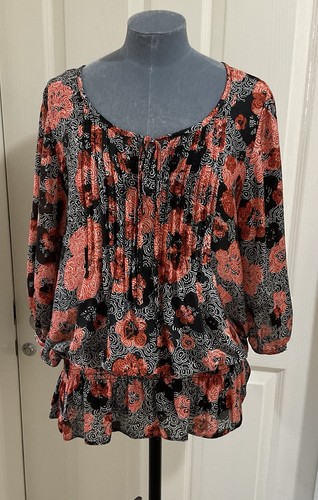 Wallis Size 14 Orange & Black Floral Pleated Tie Front Top Holiday Cruise - Picture 7 of 11