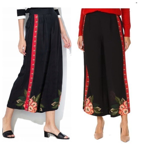 DESIGUAL Palazzo Pant Women Small Pull On Wide Leg Flower Casual Boho Resort