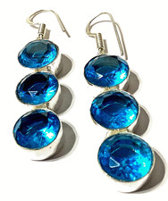 SCWEIZ BLAUTOPAS Edelstein 925 Sterlingsilber Schmuck OHRHÄNGER HANDGEFERT.