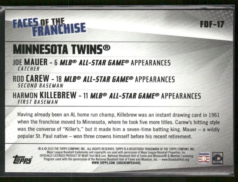 2019 Topps Mauer / Carew / Harmon Killebrew Faces of the Franchise #FOF-17 Twins - Image 2 of 2