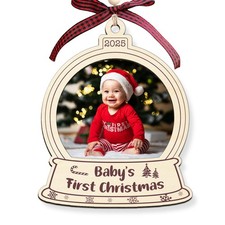 Baby's First Christmas 2025 Wooden Photo Ornament - Personalized 1st Christma...