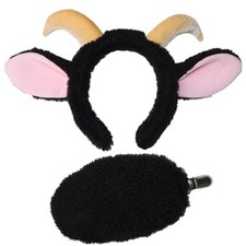 Goat Ears Headband with Ram Horns and Tail, Furry Goat Costume Accessory. Bl...