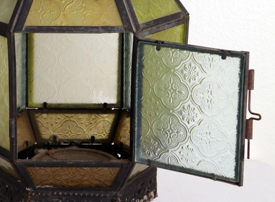 Linterna colgante de metal de vidrio verde marroquí de los años 60 vintage pantalla de lámpara de vela Foto 3 de 4