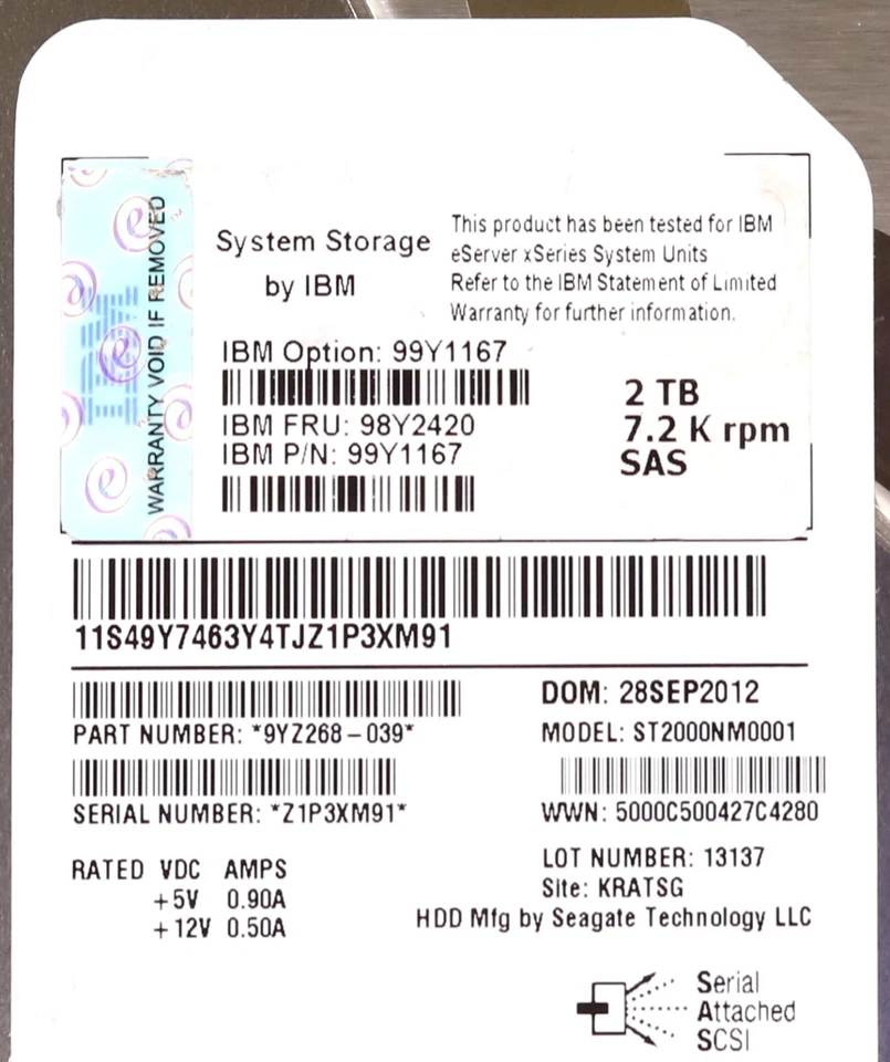 IBM ST2000NM0001 2TB 3.5" 6Gb/s 7.2K RPM SAS Drive FRU P/N: 98Y2420 Tested - Image 2 of 2
