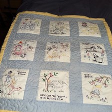Vintage Hand Sewn Baby Quilt Farmer Brown Lamb Mrs Baby Blue Yellow Embroidered