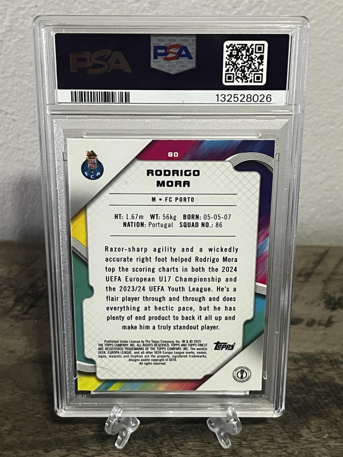 Rodrigo Mora 2024-25 Topps Finest UCC Sky Blue Refractor /275 Rookie RC PSA 9 MT view 4