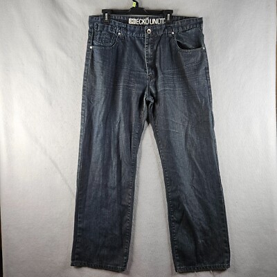 Ecko Unltd Jeans Mens 38x32 Black light Wash denim Pants Distressed Y2k Grunge
