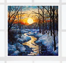 Sunset on Winter Landscape Mosaic WINDOW CLING Sun-catcher Size 8" Vinyl
