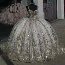 Glittering Ivory Gold Quinceanera Dresses With Bow Beading Crystal BirthdayParty