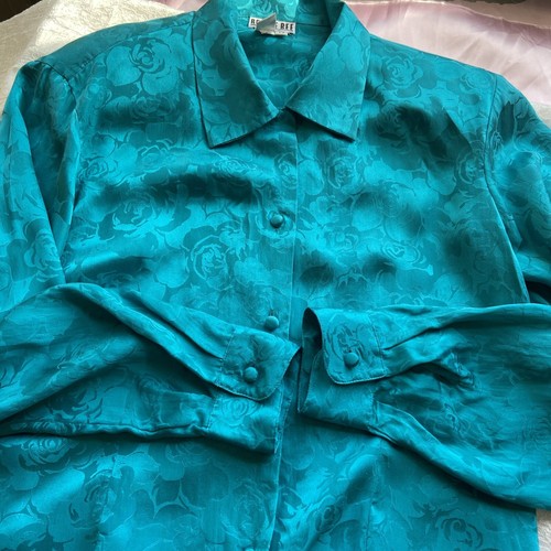 Vintage ROBBIE BEE Med. 100% Silk Cyan Blouse Padded Collared Shirt Floral Print - Picture 6 of 9