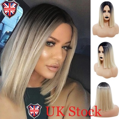 14 Straight Short Bob Hair Wigs White Blonde Ombre Synthetic
