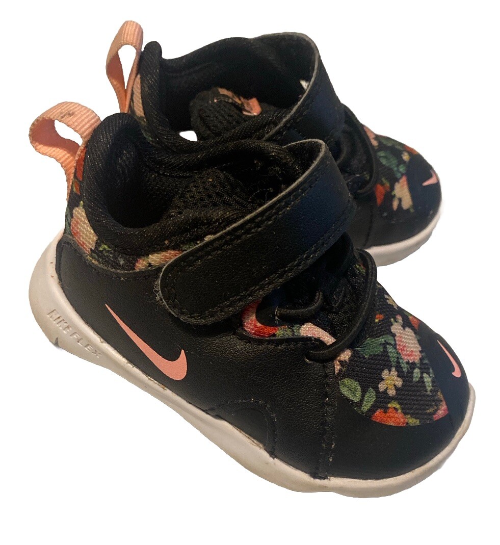 Nike Flex Contact VF Infant Size 4C AT4113 001 Black/Pink Floral EUC