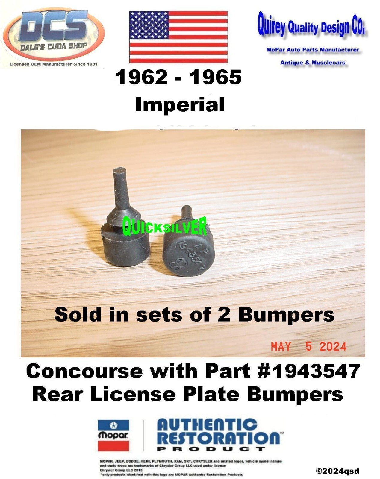 1962 63 64 65 Imperial Rear License Plate Rubber Bumpers SHOW 1943547