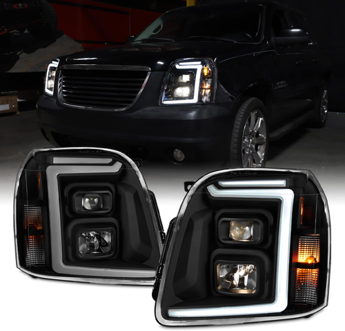 - 2007-2014 GMC Yukon XL 1500 2500 LED C-Tube DRL Projector Black Smoked Headlig