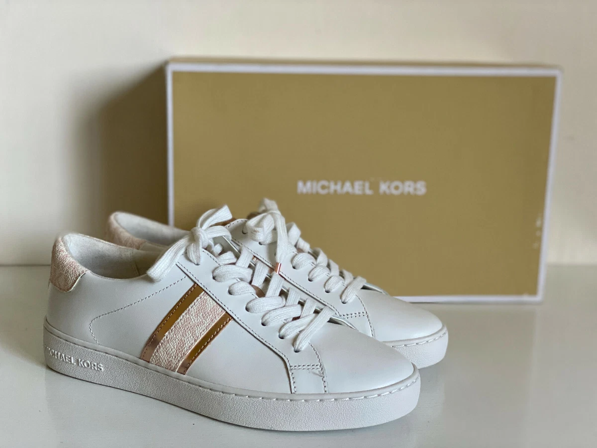 MICHAEL KORS MK IRVING STRIPE WHITE PINK LACE UP LEATHER SHOES SNEAKERS 6.5 165